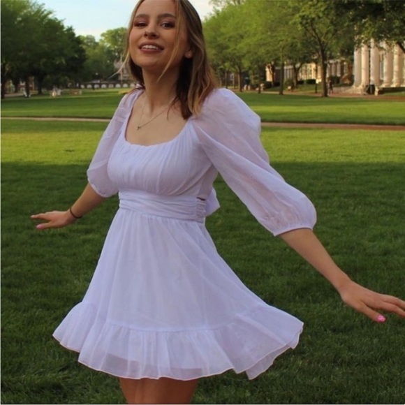 NEW Lucy in the Sky Neia White Chiffon Shimmer Puff Sleeve Tie Back Mini Dress